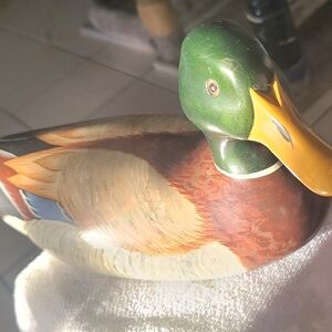 Carved Painted Wooden Duck  - Green and Brown